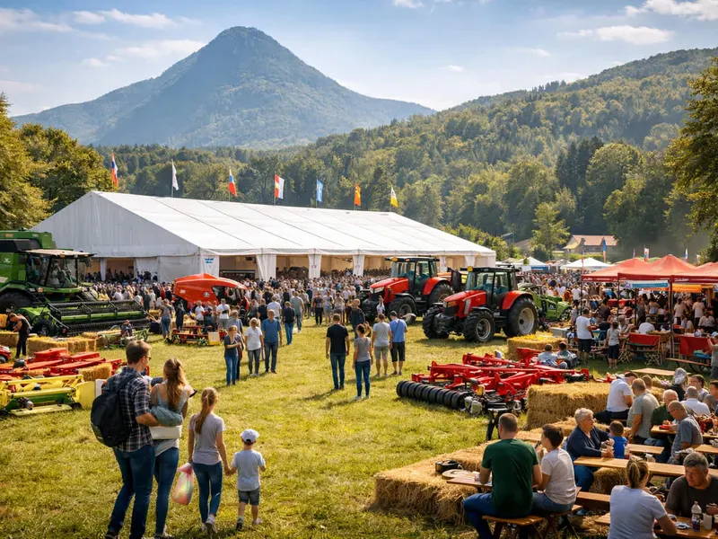 Obiskovalci sejma na prostem pred velikim šotorom