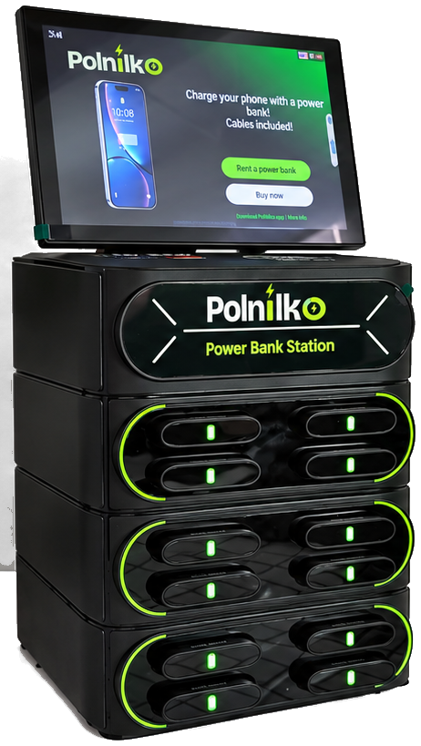 Postaja Mini z zaslonom na vrhu in tremi moduli z režami za powerbanke